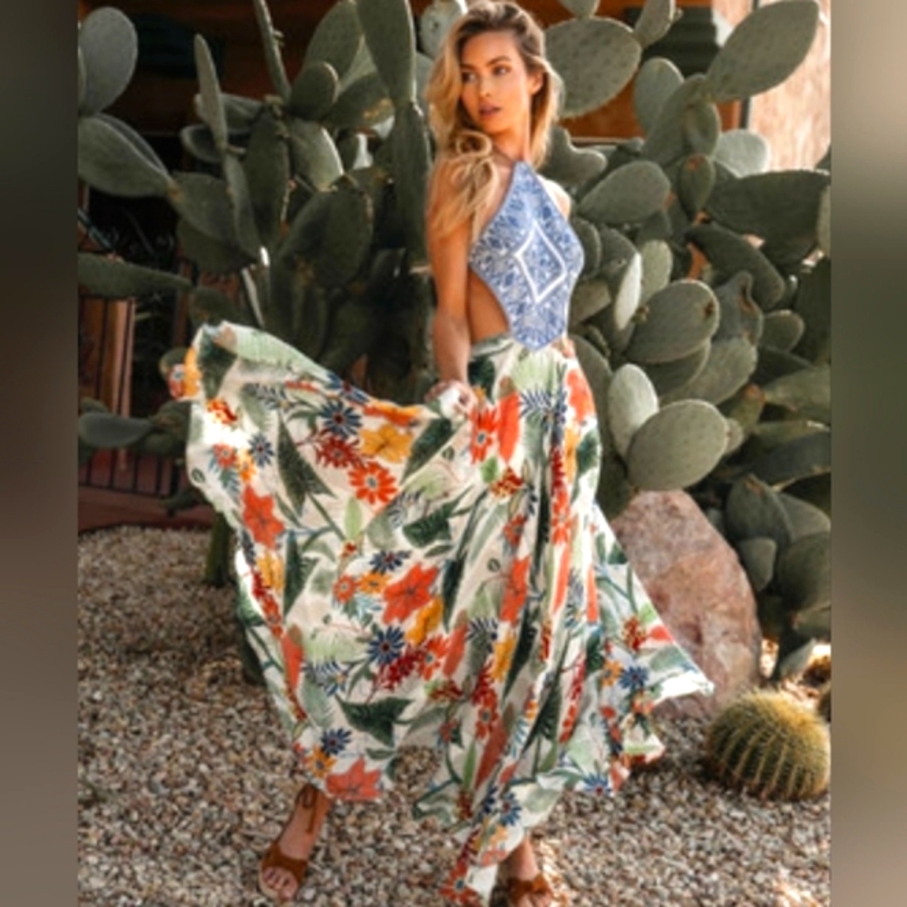 Farm Rio Tropical Floral Halter Maxi Sundress Size XS
